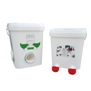 Mangeoire carrée pour poulets 20L / 14 kg (4 ports) + Abreuvoir 18L avec 2 coupelles de gravité